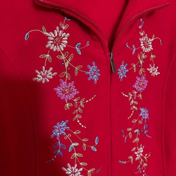 Beautiful red floral fleece zip up jacket sweater pullover - Picture 3 of 6